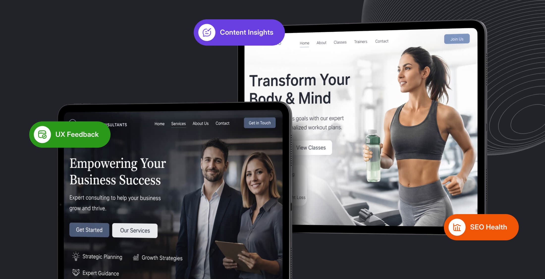 Website mockups on tablets with UX Feedback, Content Insights, and SEO Health highlights