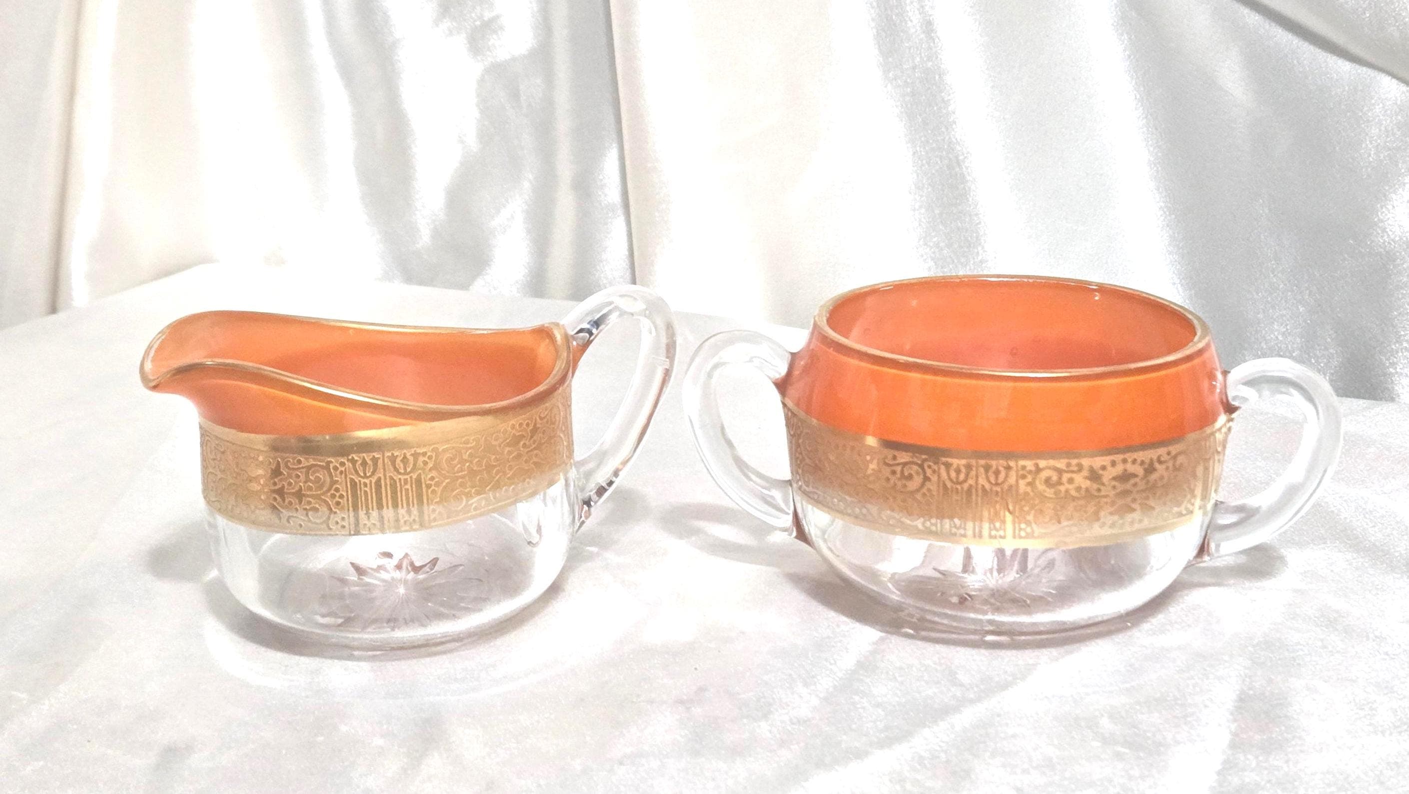 Vintage Glastonbury-Lotus Georgian Gold Creamer & Sugar Set • Mid-Century Glass with 22K Gold Trim