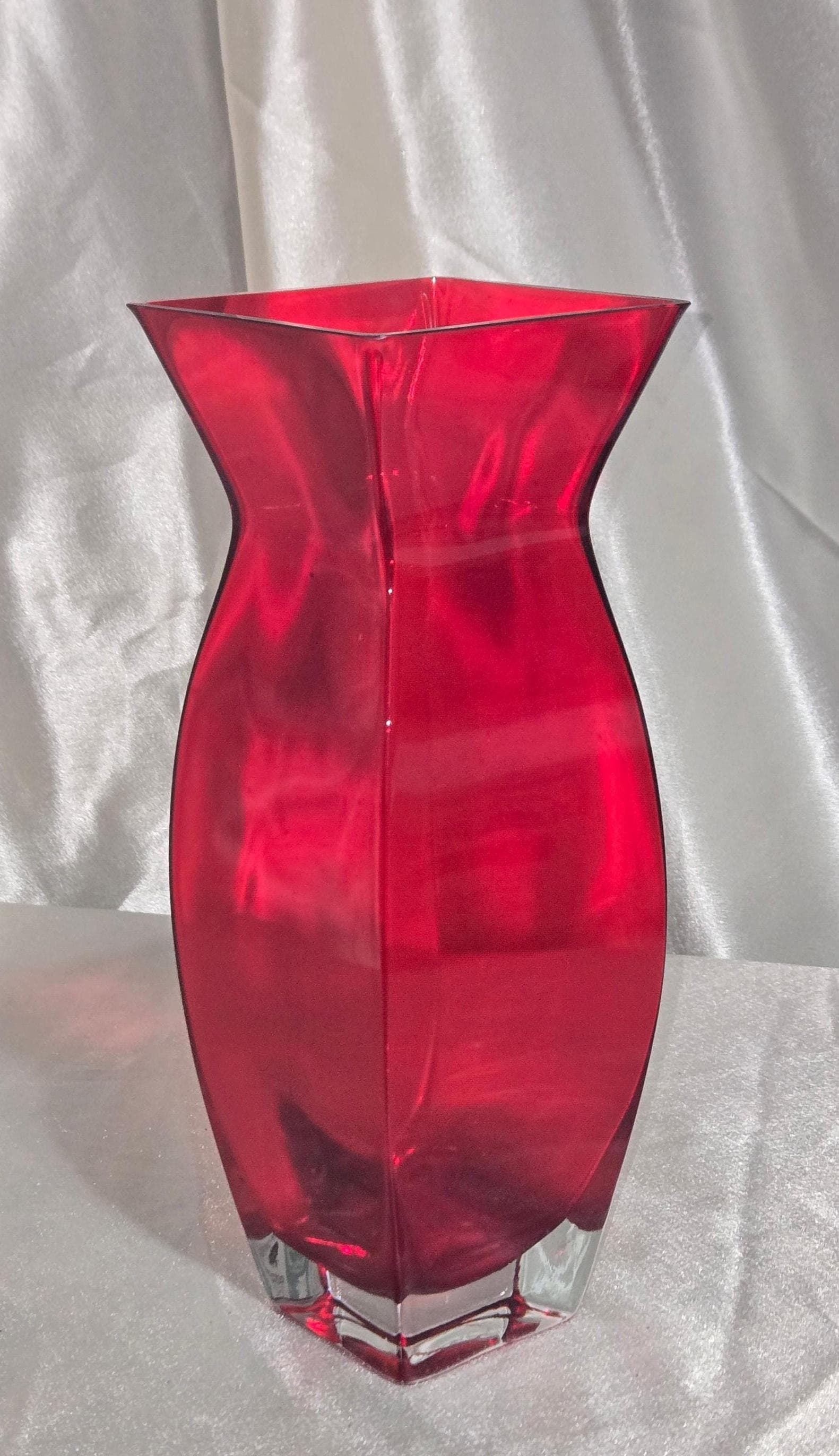 Striking Mid-Century Modern Heavy Ruby Red Art Glass Vase - Abstract Geometric Fish Shape