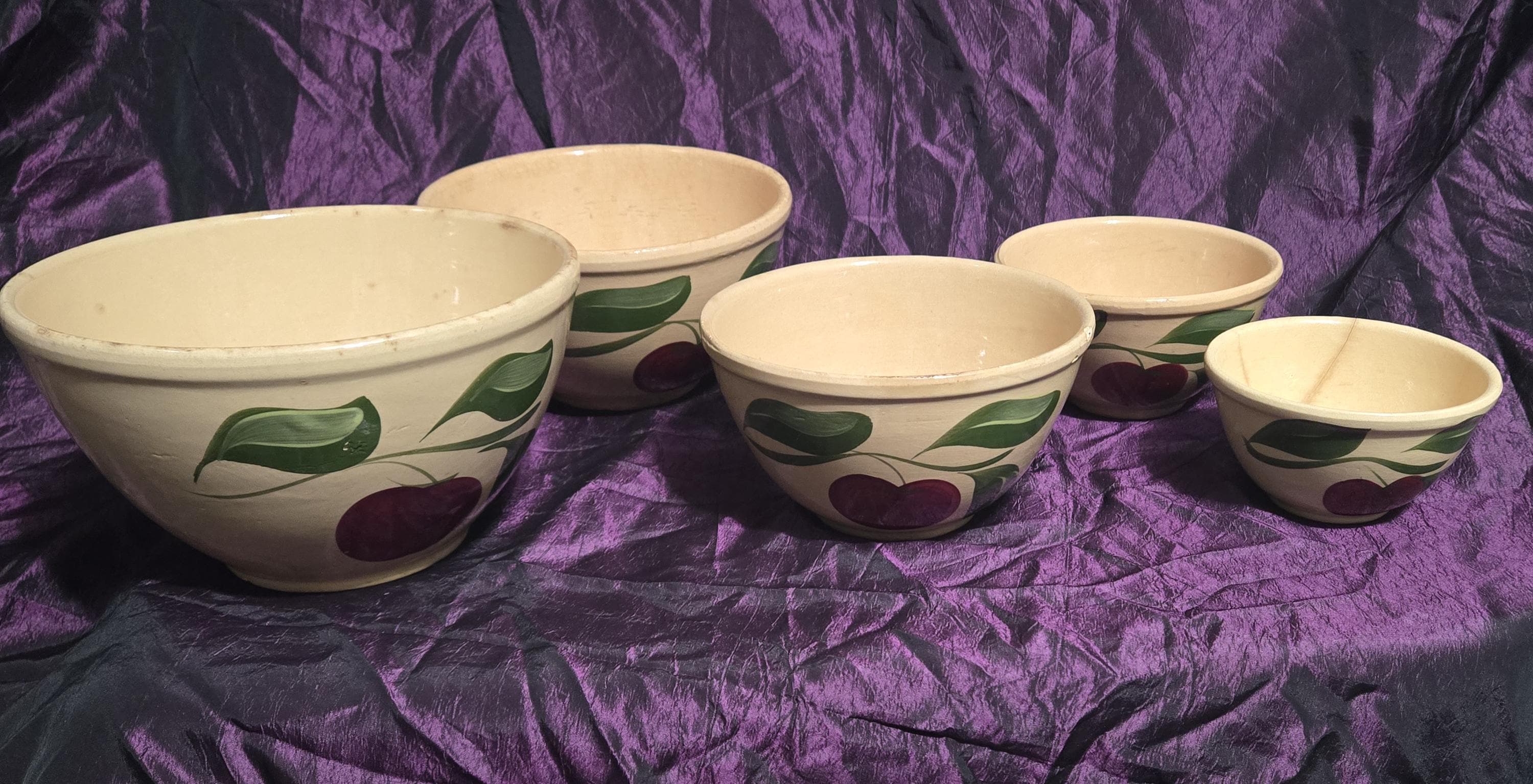 Vintage Watts Pottery Mixing Bowl Set: Hand-Painted Apple Design, USA Made - image 1