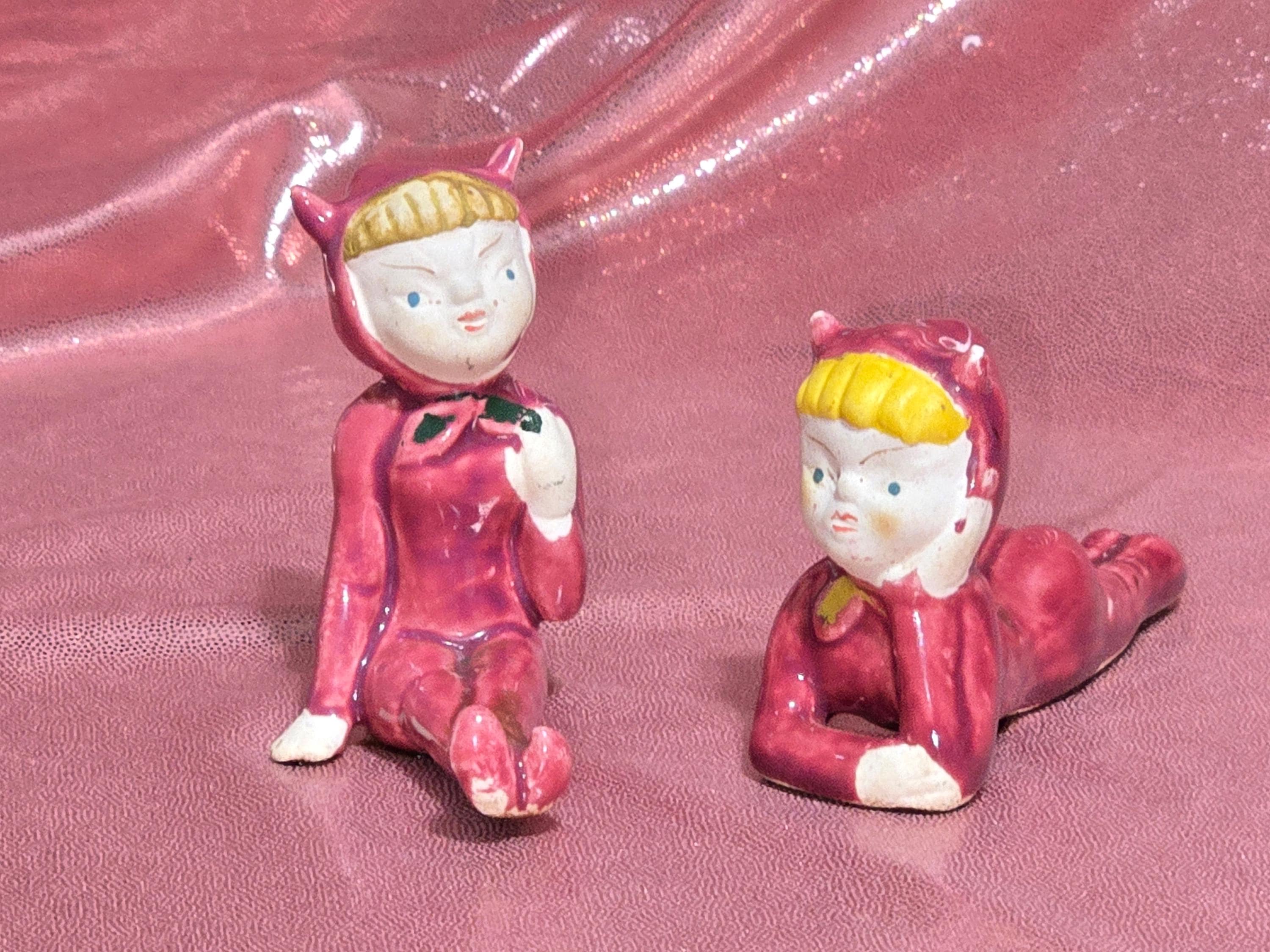 Vintage Japanese Red Devil Pixie Elf Figurines Set of 2 1950s Ceramic - image 1