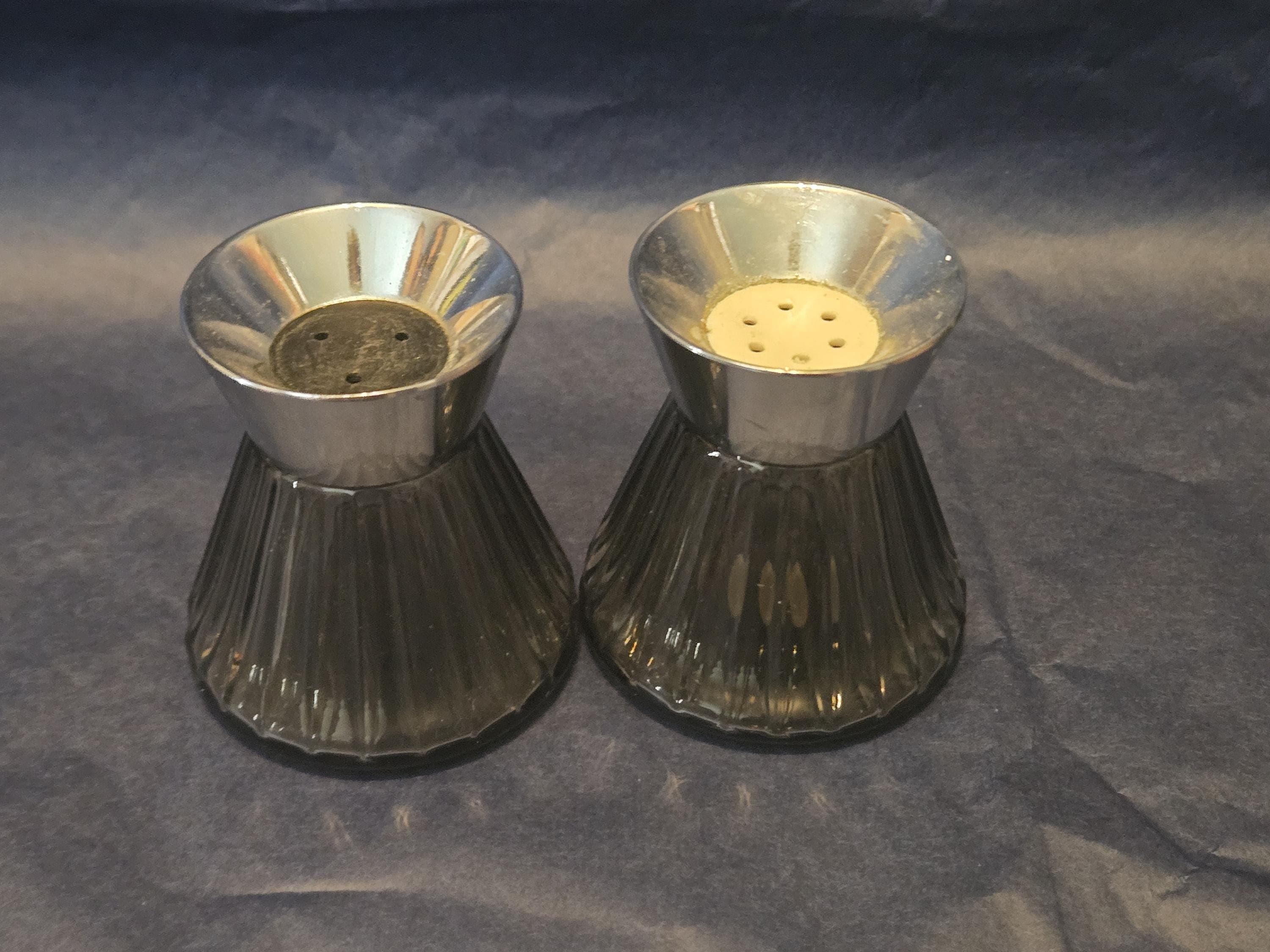 Vintage West German Salt Pepper Shakers • Smoked Glass Metal Tops MCM Set