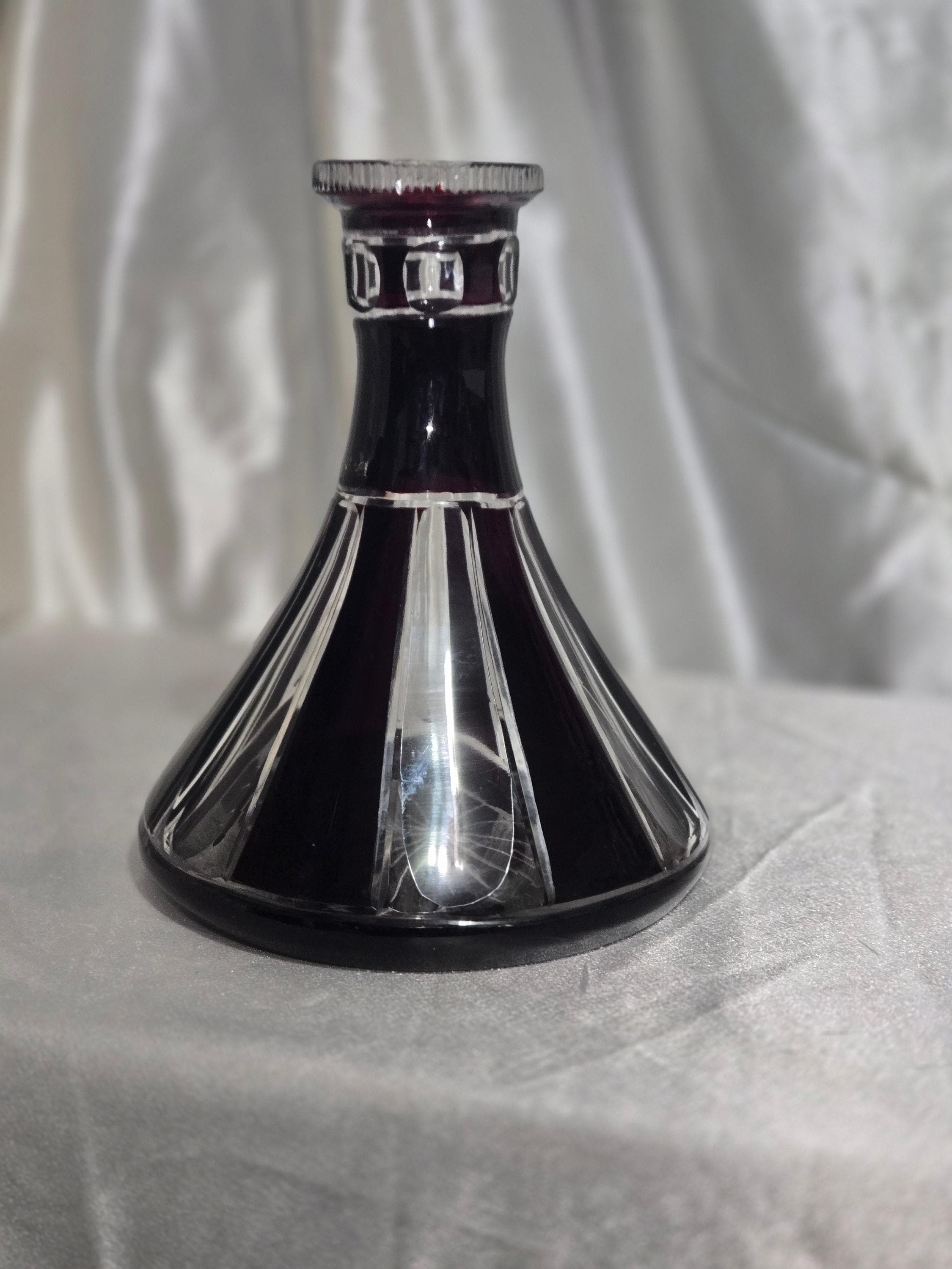 Antique Bohemian Cut to Clear Ruby Glass Decanter or Hookah Base