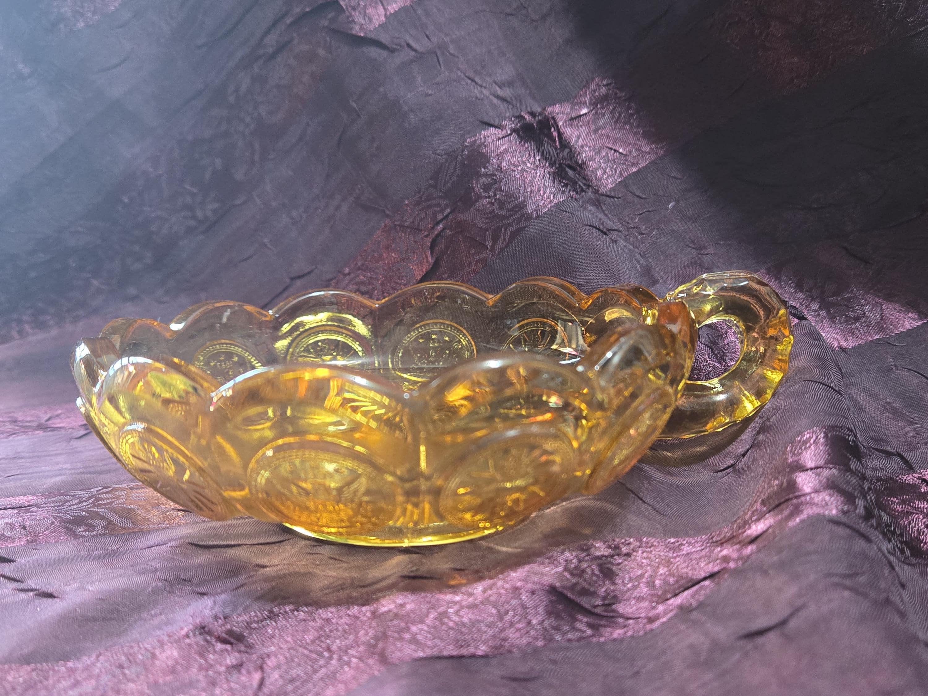Vintage Amber Pressed Glass Handled Dish – Mid Century Honey Gold Relish Bowl