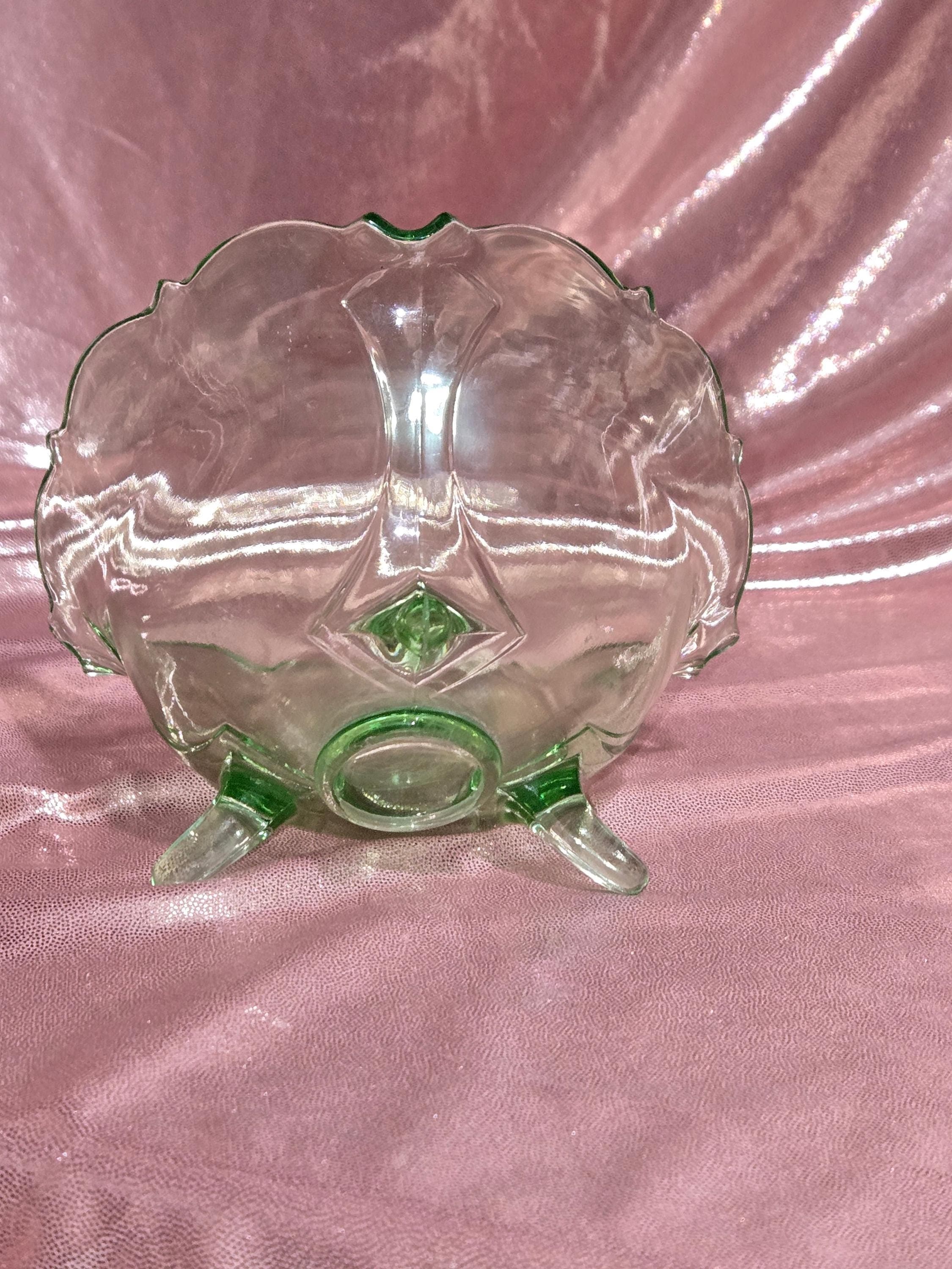 Vintage Uranium Glass Shell Bowl Green Scalloped Footed Candy Dish - image 1