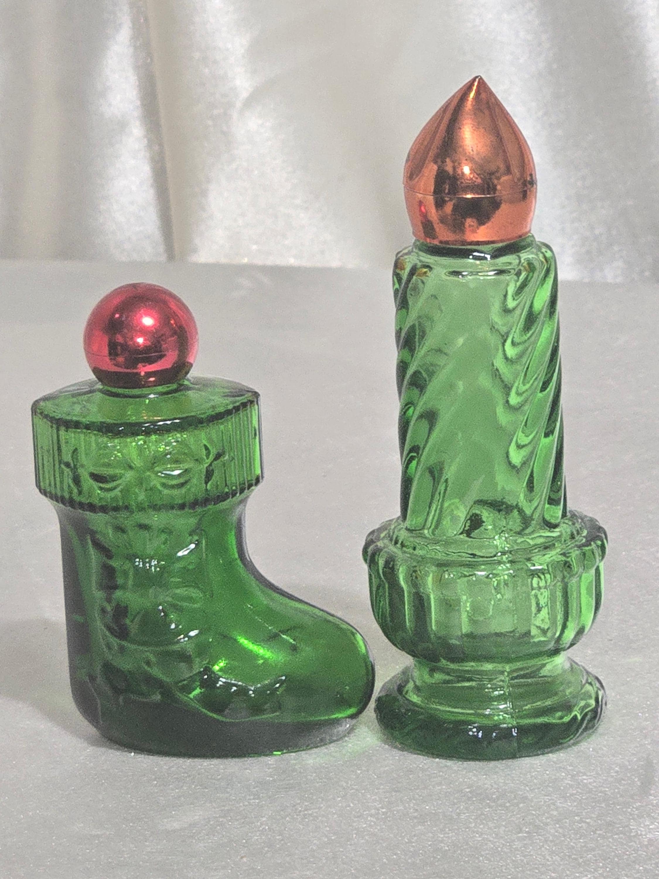 Vintage 1970s Avon Emerald Green Christmas Novelty Cologne Bottles Set - Stocking & Candle