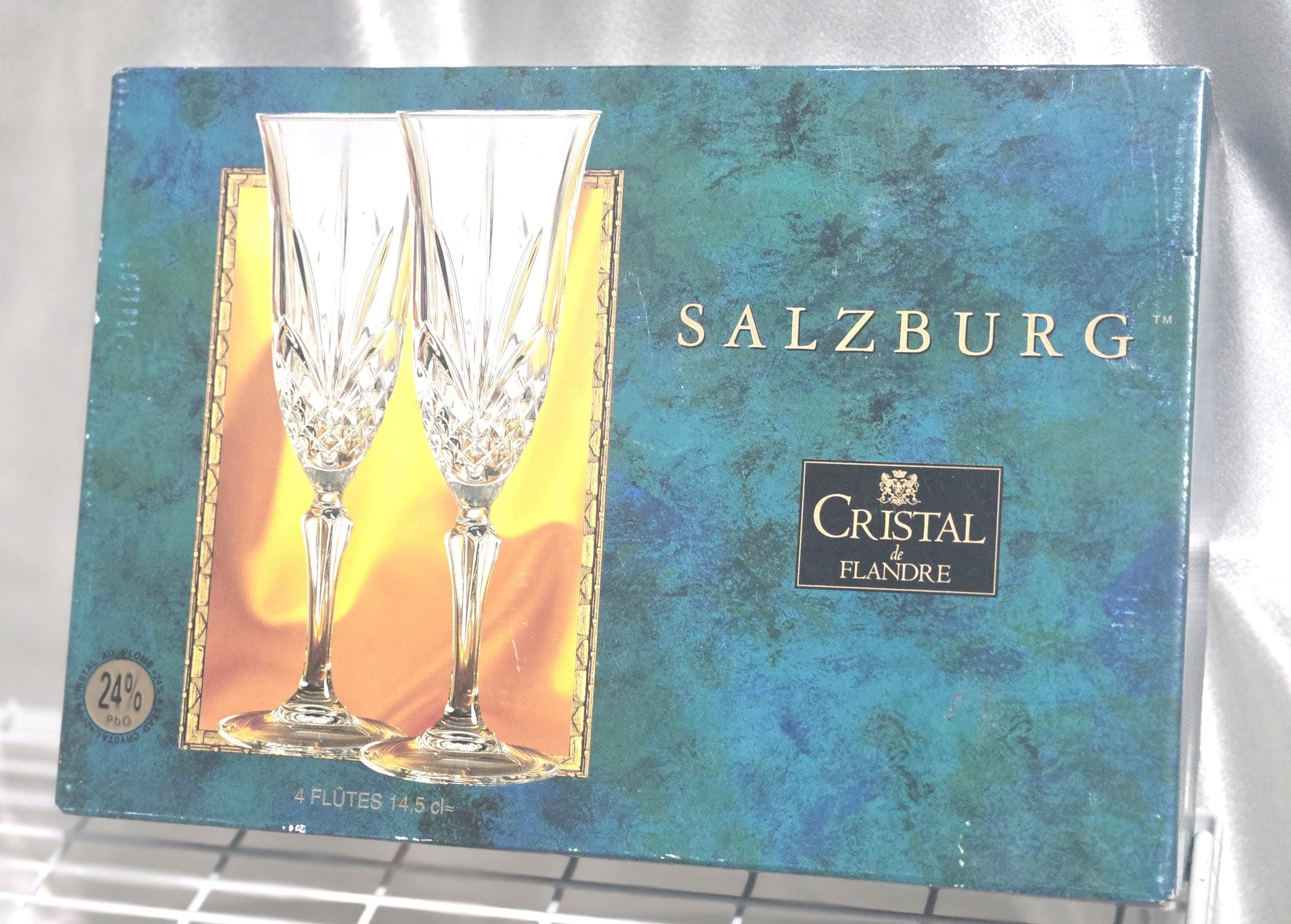 Vintage Cristal Flandre Salzburg Champagne Flutes Set With Box Cut Crystal
