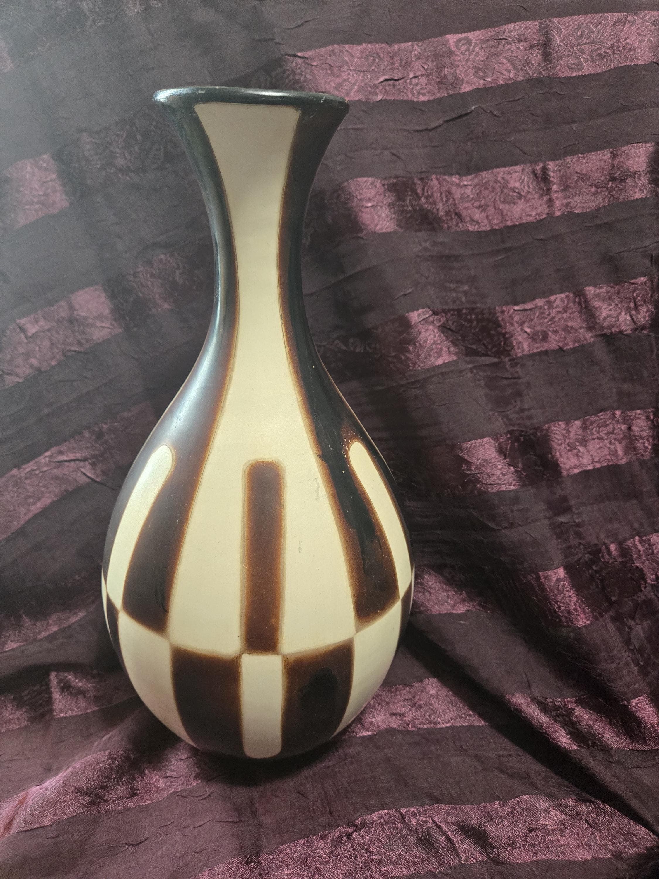 Hand Painted Peruvian Vase • Black Cream Studio Pottery Mid Century Ceramic Home Decor