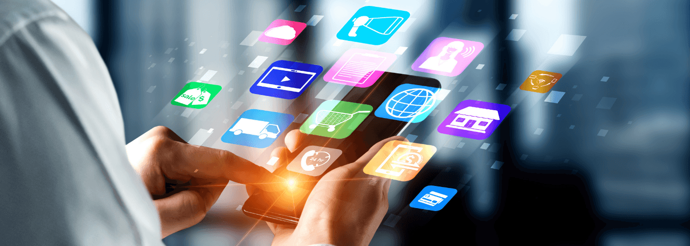 Hands holding smartphone with colorful floating app icons and digital interface elements emerging from screen