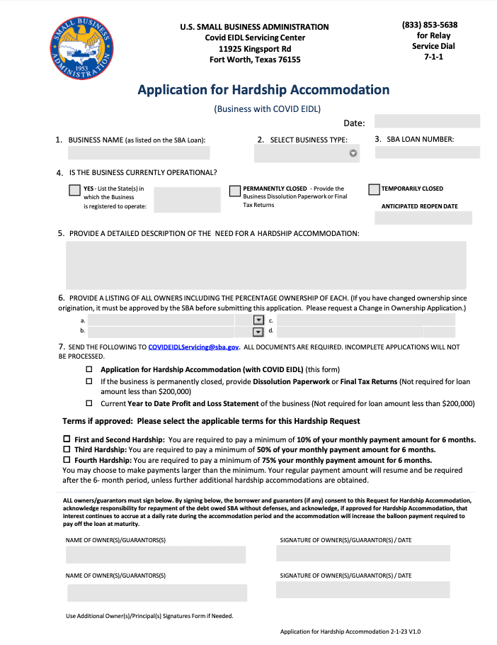 New SBA EIDL Hardship Accommodation Form