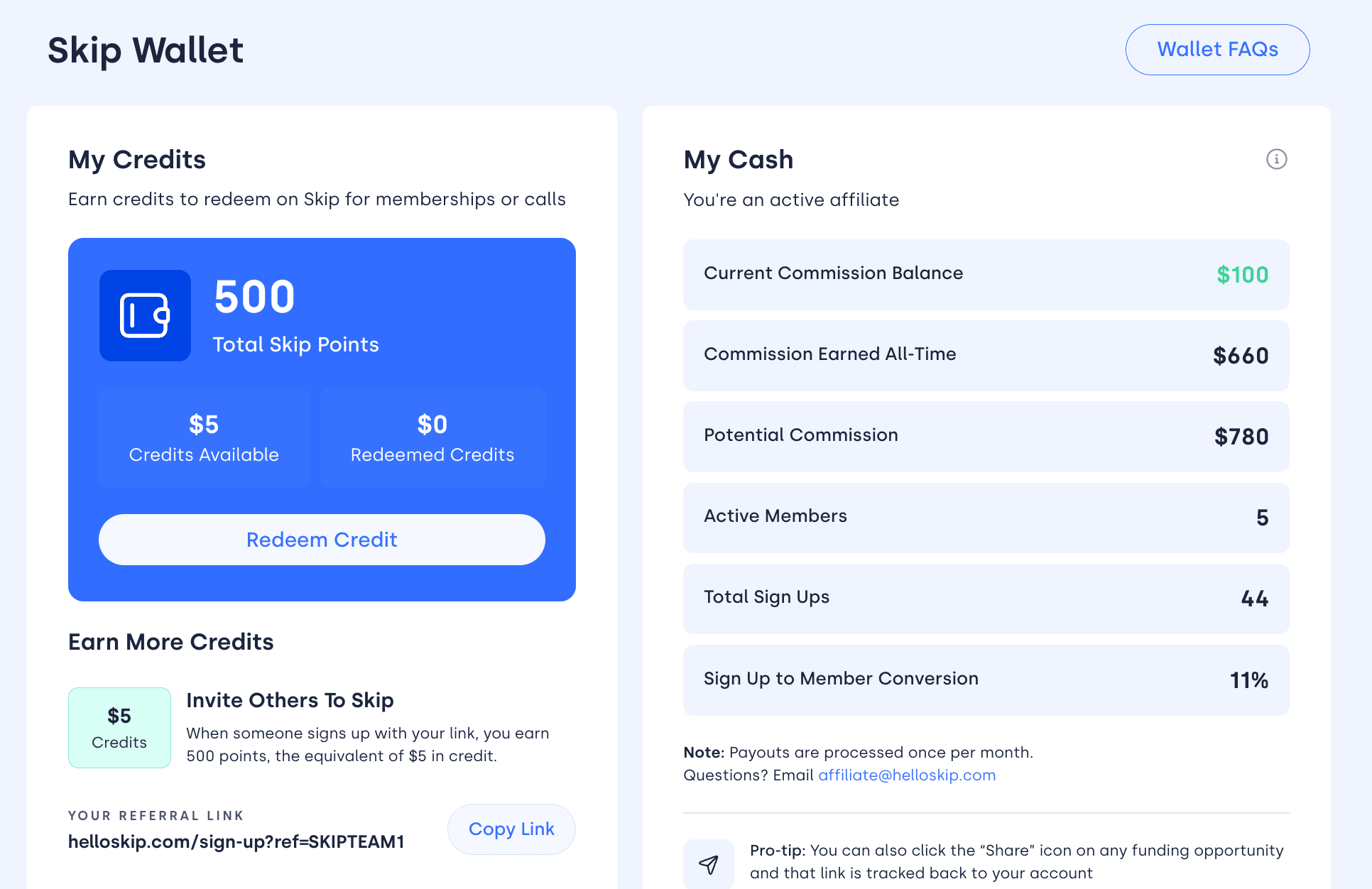 Skip Refer & Earn Dashboard