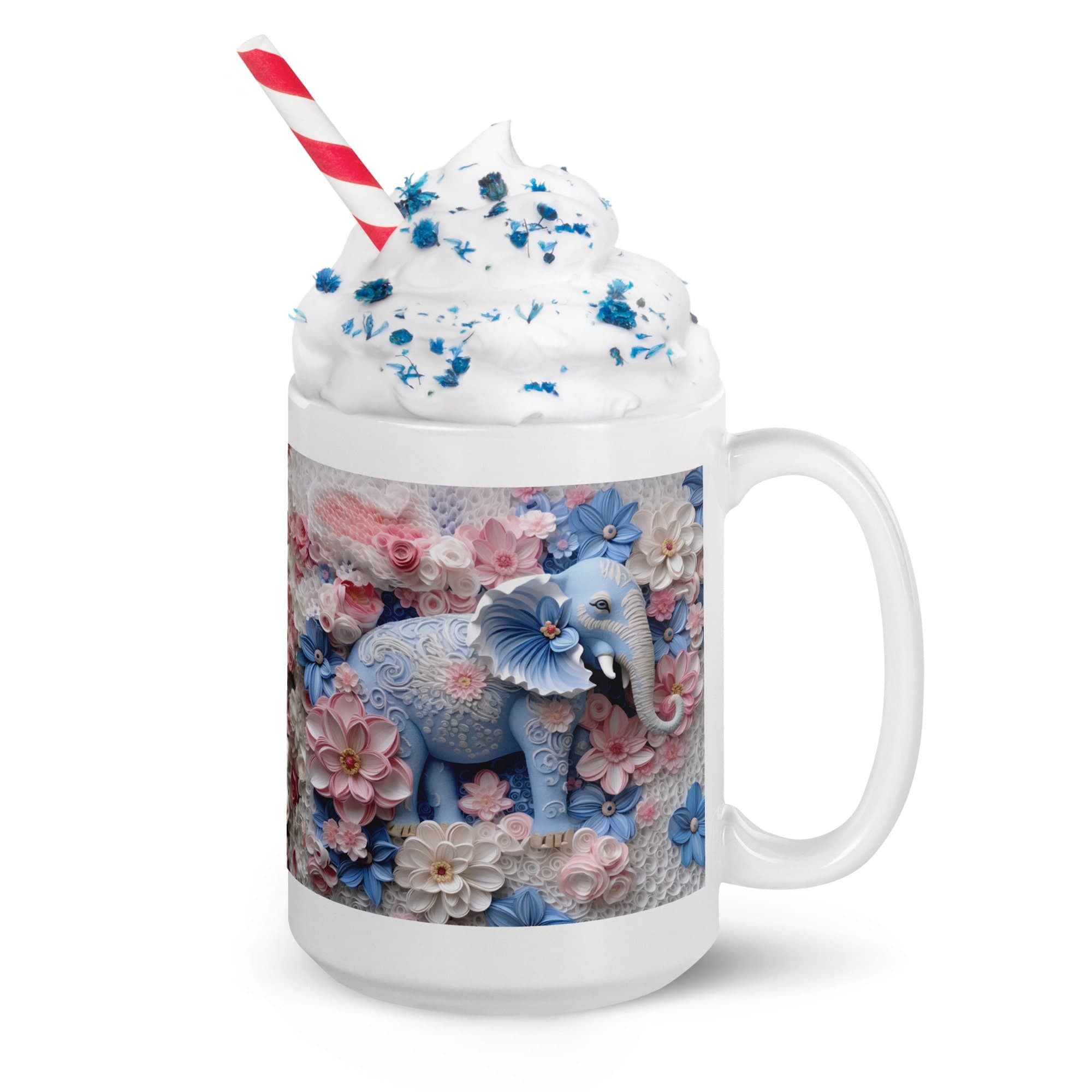 Whimsical 3D Embroidered Elephant Mug - Charming Floral Background - Sturdy & Vibrant Ceramic Drinkware!