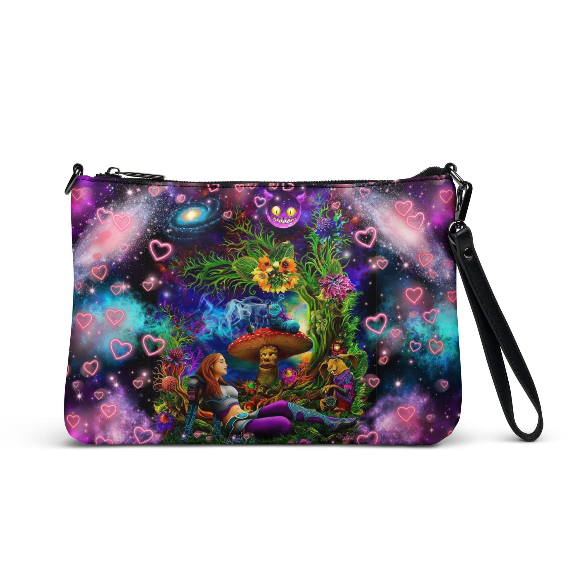 Alice in Wonderland Crossbody Bag - Whimsical Galaxy Fantasy Art with Cheshire Cat & Mushrooms