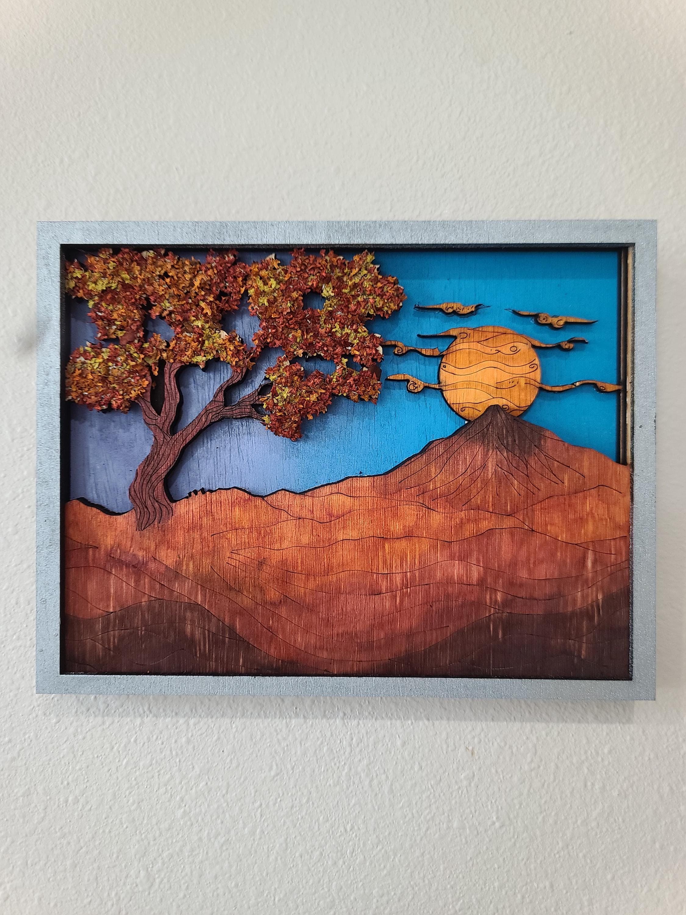 3D Layered Maple Tree Wood Wall Art | Fall Foliage Landscape Decor | Multi-Layer Laser Cut Forest Scene | Rustic Cabin Gift
