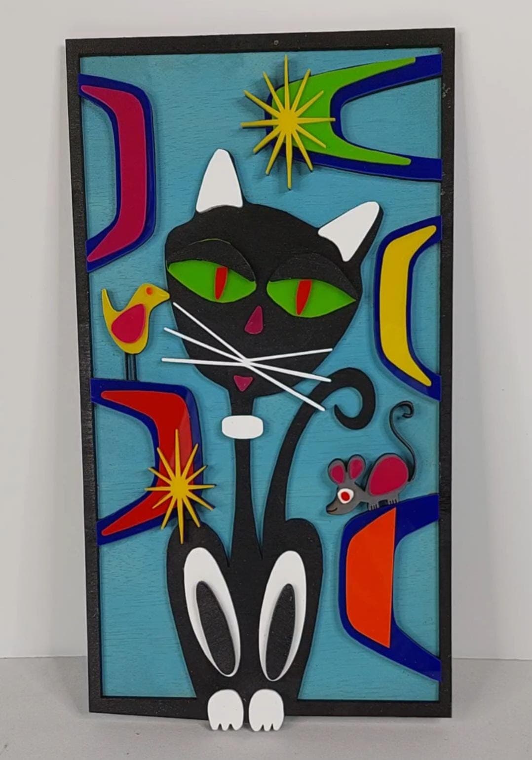3D Laser Cut Layered Acrylic and Wood Mid-Modern Retro Cat and Mouse Gift for Home