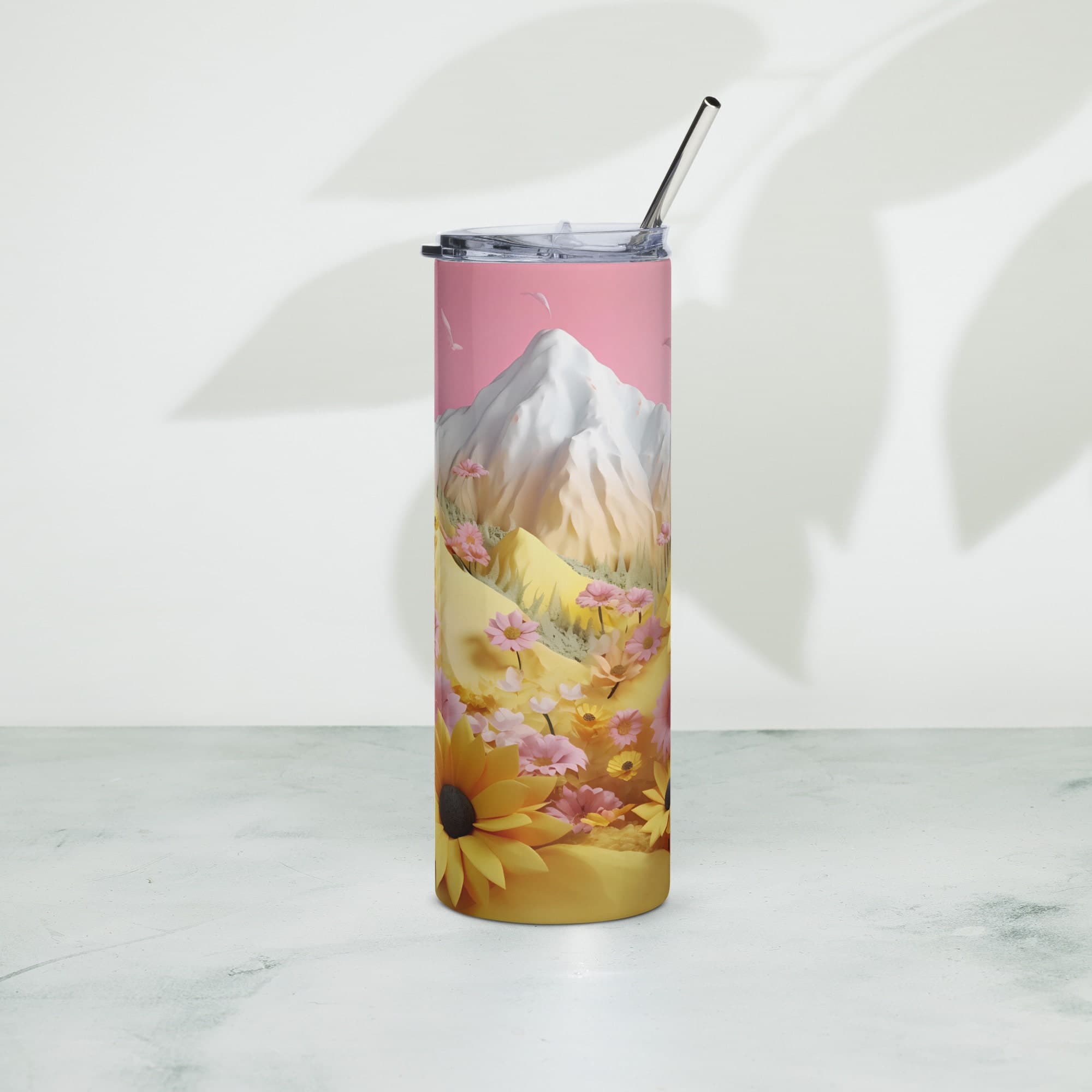 Summer Sunshine: Embroidered Tumbler with Colorful Summer Daisies and Yellow Sunshine on Pink Background.
