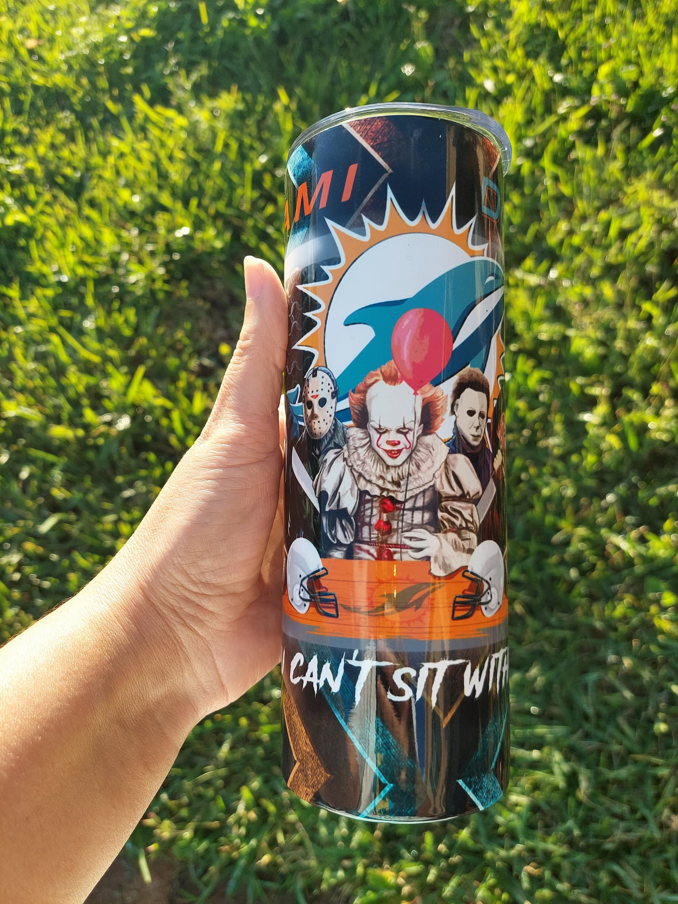 Horror Character Miami Football Tumbler | Aqua Orange Gameday Spooky Travel Mug | Speaker & 30oz Options