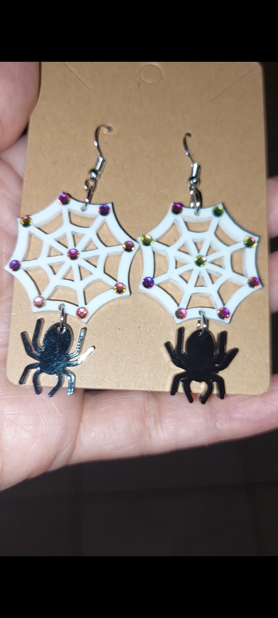 Lasercut Acrylic Spider Dangling on Spiderweb Rhinestone Earrings Spooky Season Gift Jewelry for Her