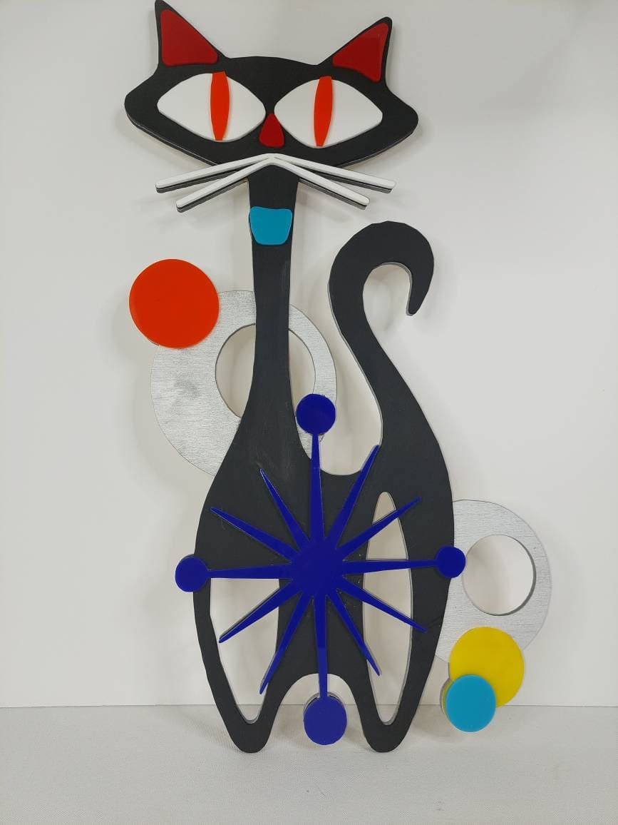3D Laser Cut Layered Acrylic and Wood Mid-Modern Century Cat