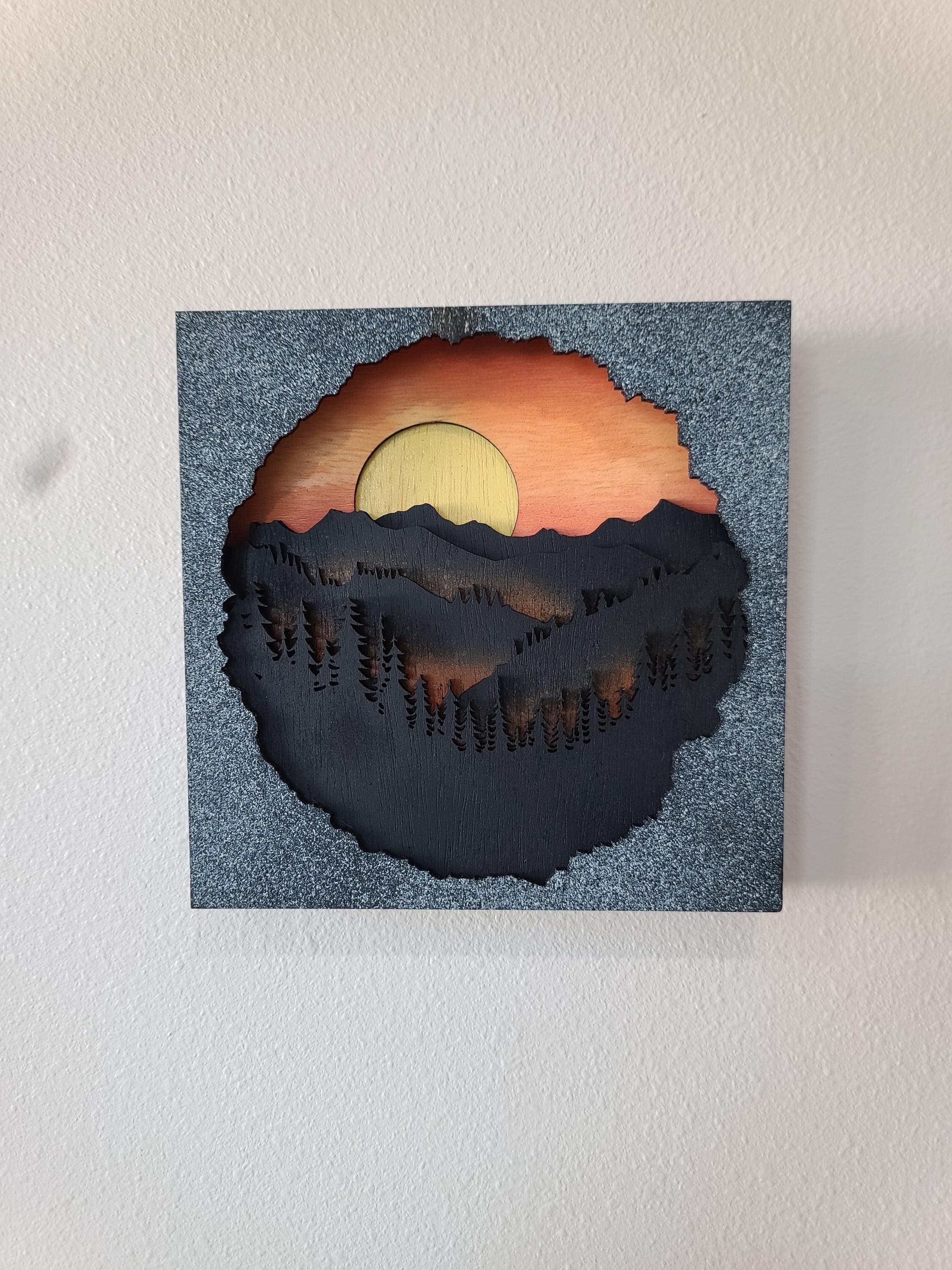 3D Laser Cut Wood Mountain Sunset Sign | Cabin Wall Art