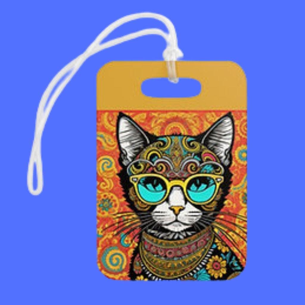 Hippie Cat Luggage Tag: Colorful Boho Travel Gift