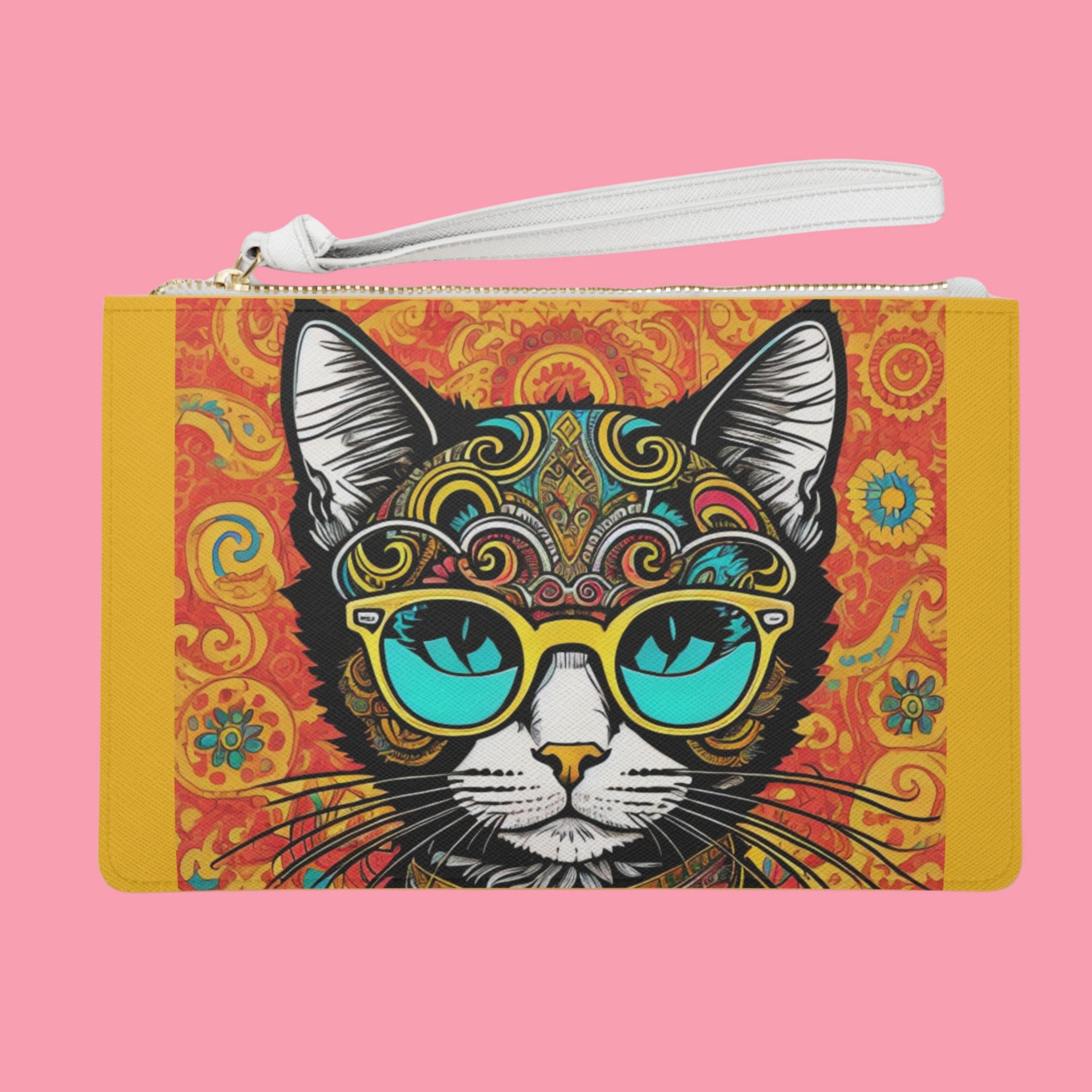 Boho Cat Design Faux Leather Wristlet Clutch: Retro Pop Art Purse