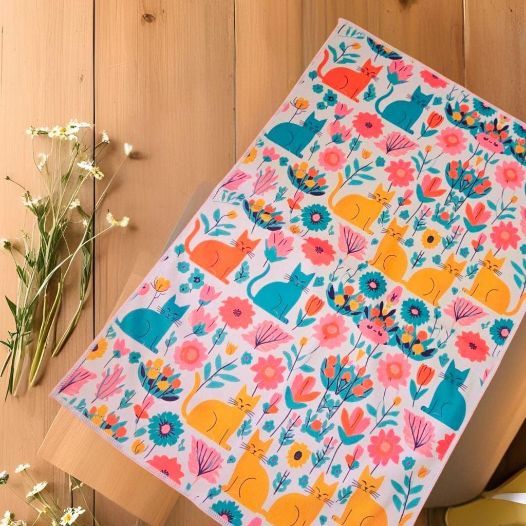 Cat & Flower Microfiber Kitchen Towel: Cottage Chic Spring Decor