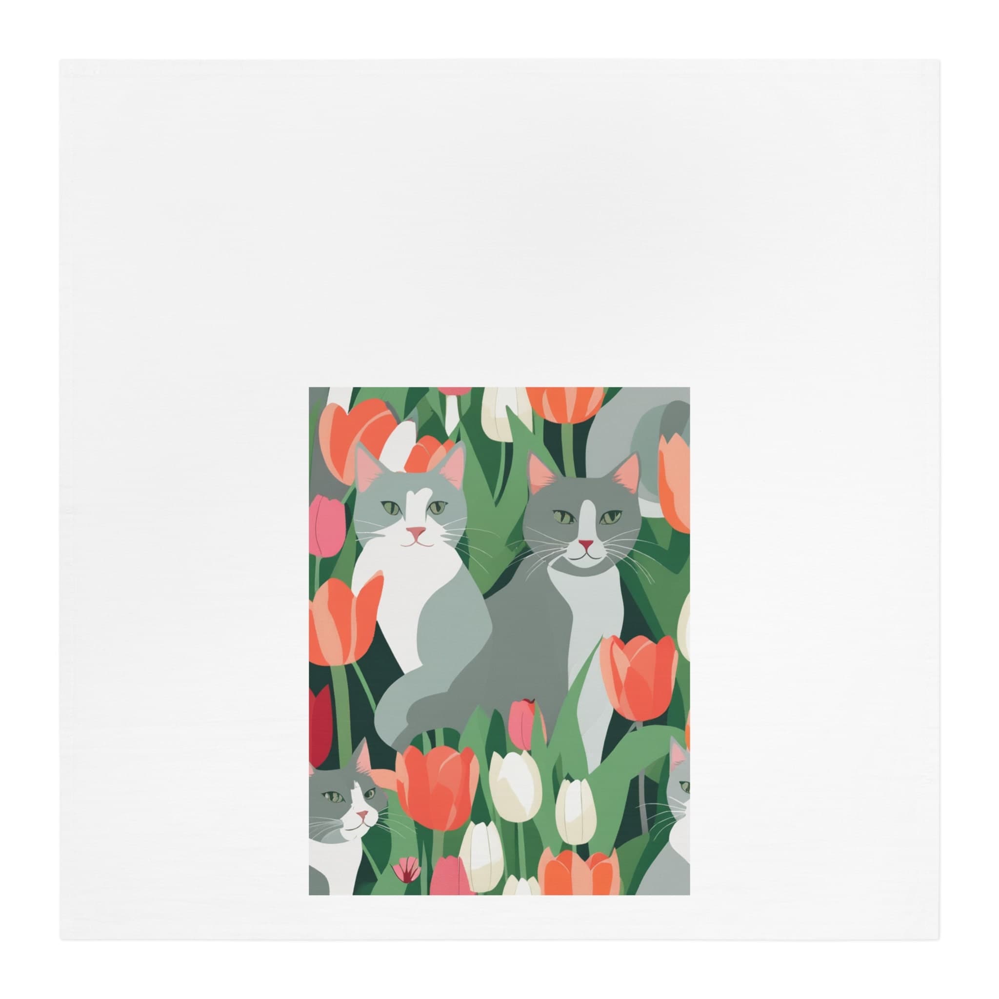 Tulip & Cat Print Tea Towel: Spring Kitchen Decor