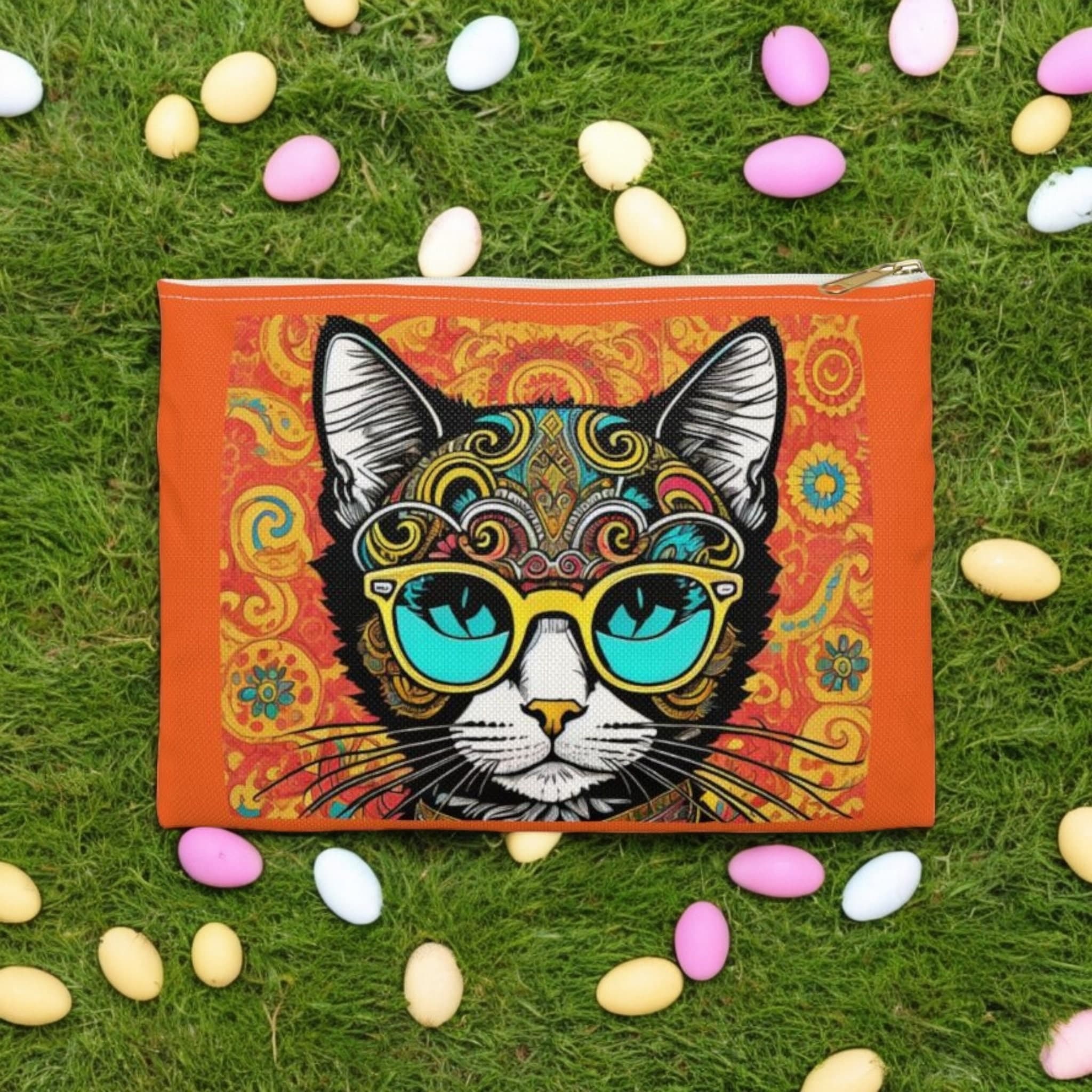 Boho Cat Cosmetic Bag: Yellow & Orange Hippie Makeup Pouch